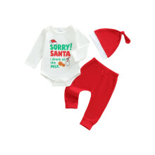(6-9 Months, White) Conjunto navideño 3 piezas bebé: mono de manga larga, pantalones largos y gorro.