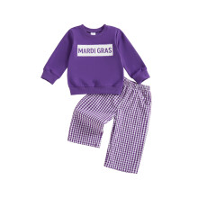 (18-24 Months, Purple) Conjunto de carnaval para bebé: sudadera con cuello redondo y pantalón a cuadros bordado.