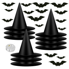 10 Pieces Black Halloween Witch Hats with 100m Hanging Rope 16Pcs 3D Bats Hanging Witch Hats Costume Accessories Decorations for Halloween Party Yard