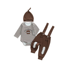 (9-12 Months, Khaki) Conjunto para bebé niño, mono de rugby a rayas de manga larga con pantalones y gorro. Conjunto para bebé.