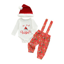 (12-18 Months, Red) Conjuntos de ropa para bebé niño, mono de manga larga con estampado de gorro navideño, overol y gorro, 3 piezas