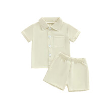 (2-3 Years, Apricot) Conjunto de verano 2 piezas para niño, camisa abotonada y pantalones cortos con cuello, manga corta