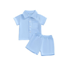 (4-5 Years, Blue) Conjunto de verano 2 piezas para niño, camisa abotonada y pantalones cortos con cuello, manga corta