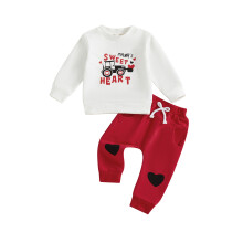(3-6 Months, Red) Conjunto de primavera de 2 piezas para bebé: sudadera de tractor y pantalón de corazones.