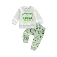 (18-24 Months, Gray) Conjunto de otoño para niño pequeño: sudadera de manga larga con estampado y pantalón de peces (2 piezas).