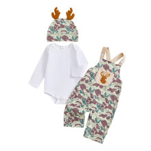 (12-18 Months, White) Conjunto de otoño para bebé niño: pelele de manga larga liso, peto de camuflaje, pantalón y gorro (3 piezas).