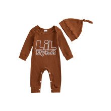 (0-3 Months, Coffee) Completo neonato 2 pezzi: tutina maniche lunghe con scollo rotondo e ricamo lettere, cappellino abbinato.