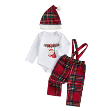 (12-18 Months, Red) Conjunto navideño bebé: pelele de manga larga con Papá Noel, pantalones a cuadros y gorro (3 piezas).