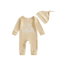 (6-12 Months, Beige) Completo neonato 2 pezzi: tutina maniche lunghe con scollo rotondo e ricamo lettere, cappellino abbinato.