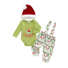 (9-12 Months, White) Conjuntos de ropa para bebé niño, mono de manga larga con estampado de gorro navideño, overol y gorro, 3 piezas