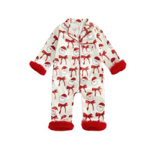 (6-12 Months, White) Pijama navideño de satén para niñas, manga larga, estampado de Papá Noel, con lazo y puños peludos.