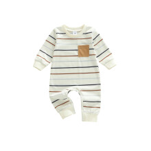 (6-12 Months, Khaki) Tutina a righe autunnale per neonato, maniche lunghe, scollo rotondo e una tasca sul petto a sinistra.