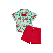 (6-12 Months, Green) Conjunto navideño 3 piezas para niño: camisa corta, pajarita roja y pantalones cortos.