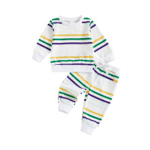 (12-18 Months, White) Conjunto de 2 piezas de sudadera y pantalones deportivos a rayas para bebé Mardi Gras