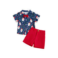 (18-24 Months, Blue) Conjunto navideño 3 piezas para niño: camisa corta, pajarita roja y pantalones cortos.