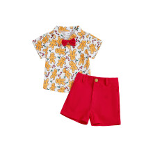(6-12 Months, White) Conjunto navideño 3 piezas para niño: camisa corta, pajarita roja y pantalones cortos.