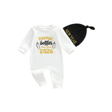 (0-3 Months, White) Completo neonato Capodanno: tutina lunga con scollo rotondo e cappellino biberon, set 2 pezzi.