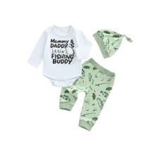 (0-3 Months, White) Conjunto de 3 piezas para bebé niño: pelele de manga larga, pantalones estampados y gorro.