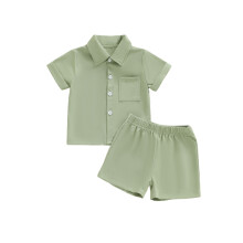 (1-2 Years, Army Green) Conjunto de verano 2 piezas para niño, camisa abotonada y pantalones cortos con cuello, manga corta