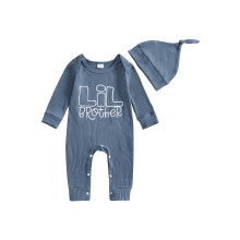 (12-18 Months, Blue) Completo neonato 2 pezzi: tutina maniche lunghe con scollo rotondo e ricamo lettere, cappellino abbinato.