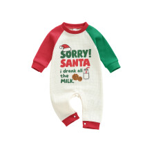 (0-3 Months, Ivory) Tutina natalizia per neonato, maniche lunghe, scollo rotondo, stampa con lettere, colori a contrasto.
