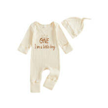 (3-6 Months, Beige) Tutina da compleanno per neonato, maniche lunghe, scollo rotondo, stampa con lettere e cappellino.