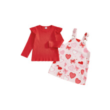 (12-18 Months, Red) Kislány Valentin-napi, egyszínű, hosszú ujjú kerek nyakú felsők + szívmintás overall, kétrészes szett