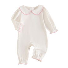 (0-3 Months, White) Baby-Mädchen-Jumpsuit, langärmelig, mit Puppenkragen und Rüschen, lässiger Herbst-Strampler für den Alltag