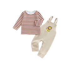 (6-9 Months, Khaki) Conjuntos de ropa para bebé niño, tops de rayas de manga larga y monos con bordado de león, 2 piezas para otoño