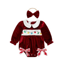 (12-18 Months, Red) Baby Mädchen Weihnachtsoutfit Lichterkette Stickerei Langarm Puppenkragen Strampler Schleife Stirnband 2-teiliges Set