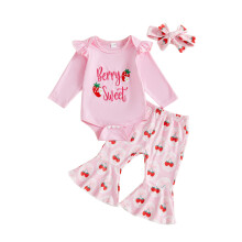 (0-3 Months, Pink) Conjuntos de ropa para bebé niña: pelele de manga larga con fresas, pantalón acampanado y diadema (3 piezas). Otoño.