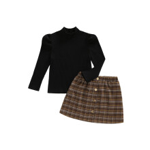 (3-4 Years, Black) Conjunto de otoño para bebé niña: top de manga larga con cuello alto y falda a cuadros (2 piezas).