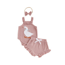(12-18 Months, Pink) Conjunto de verano para bebé niña: mono sin mangas con bordado de pato, pantalones cortos de PP y diadema.