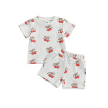 (2-3 Years, White) Conjunto de dos piezas para bebé niña: top de manga corta con estampado de cerezas y lazo, y shorts.
