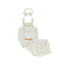 (0-3 Months, Beige) Ținută de vară bebeluși, fără mâneci, broderie rață, salopetă PP, pantaloni scurți, set bentiță
