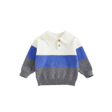 (2-3 Years, Blue) Batolecí chlapecký svetr s klopovým límcem, dlouhý rukáv, patchwork, zapínání na knoflíky, teplý pletený top