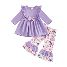 (2-3 Years, Purple) Baby Girl 2Pcs Fall Outfits Long Sleeve Bow Front Dress Tops + Flare Pants Set Toddler Clothes