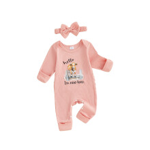 (6-12 Months, Pink) Dvoudílné oblečení pro miminka, dívčí overal s dlouhým rukávem a čelenkou, výšivka a zvířecí potisk.