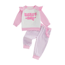 (3-4 Years, Pink) Conjunto de primavera para bebé niña: sudadera con volantes y pantalón de rayas (2 piezas).