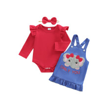 (6-9 Months, Red) Conjunto de 3 piezas para bebé niña: mono de manga larga, diadema con lazo y vestido bordado.