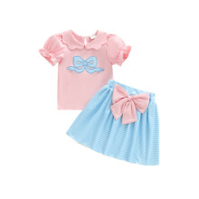 (4-5 Years, Pink) 2 buc set vară fetițe, manșon scurt, guler păpușă, funde, broderie, topuri, fustă elastică, dungi.
