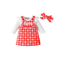 (3-6 Months, Pink) Conjunto de bebé niña para San Valentín: pelele largo, peto a cuadros, falda y diadema.