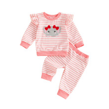 (12-18 Months, Pink) Conjunto de 2 piezas para niñas: top de manga larga con cuello redondo y rayas, pantalón con cintura elástica.