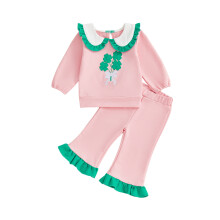 (12-18 Months, Pink) Set de 2 piese pentru bebe, hanorac și pantaloni evazați, brodați cu fundă de trifoi.