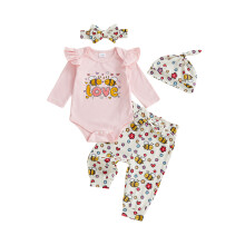 (6-9 Months, Pink) Conjunto 4 piezas bebé niña: pelele manga larga con volantes, pantalones elásticos, diadema y gorro.