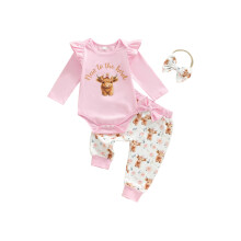 (3-6 Months, Pink) Conjunto de 3 piezas de mono de volantes de vaca y diadema para niña pequeña