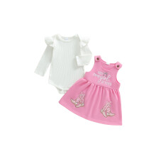 (12-18 Months, Pink) Conjunto de falda de otoño para bebé niña, pelele de manga larga acanalado con bordados.