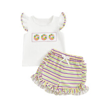 (6-12 Months, White) Conjunto de 2 piezas para bebé niña estilo Mardi Gras: top con volantes y bordados, y shorts a cuadros.