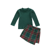 (4-5 Years, Green) Conjunto de Outono para Meninas: Blusa de Manga Longa Canelada Lisa e Saia-Shorts Xadrez (2 peças)