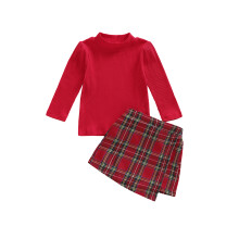 (1-2 Years, Red) Conjunto de Outono para Meninas: Blusa de Manga Longa Canelada Lisa e Saia-Shorts Xadrez (2 peças)